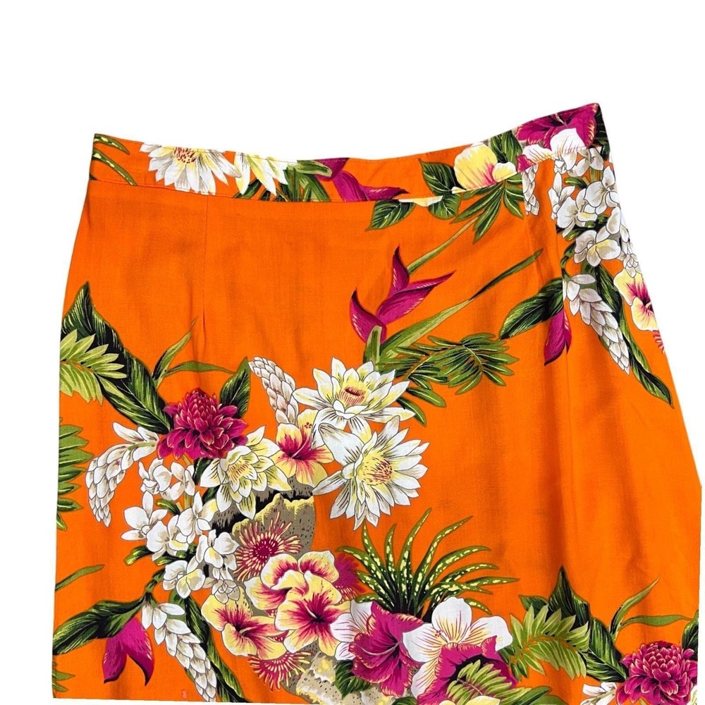 Vintage Orange Tropical Floral Rayon Midi Skirt Y2K Hawaiian Summer M - Picture 3 of 9